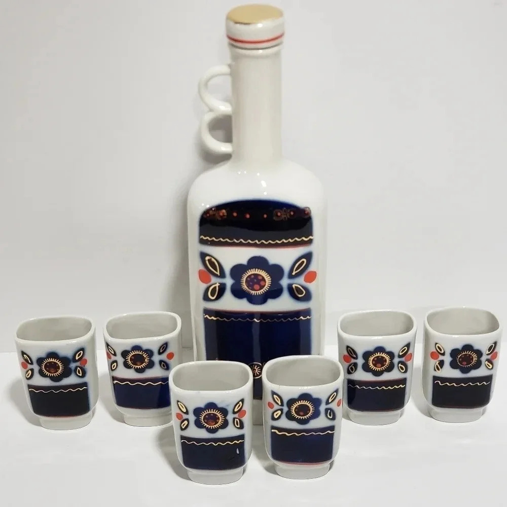Vintage Set Damask Ceramics Wine Glasses/Cups/Bottle 60-70s Handpainted Russia
